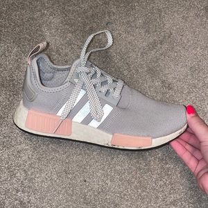 gray and pink adidas tennis shoes